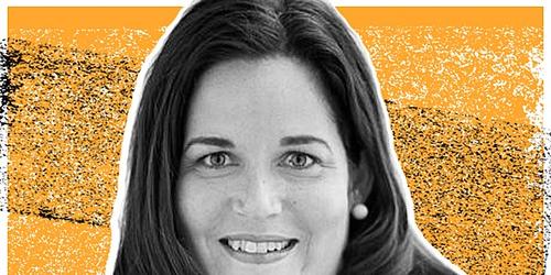 Michelle Gansle against an orange, white, black graphic background